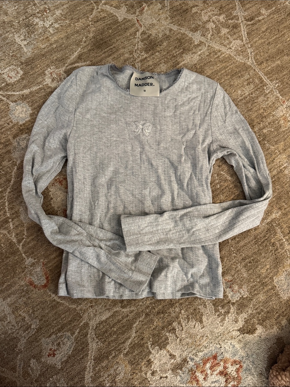 Damson Madder Pointelle Light Gray Ribbed Long-Sleeve Top